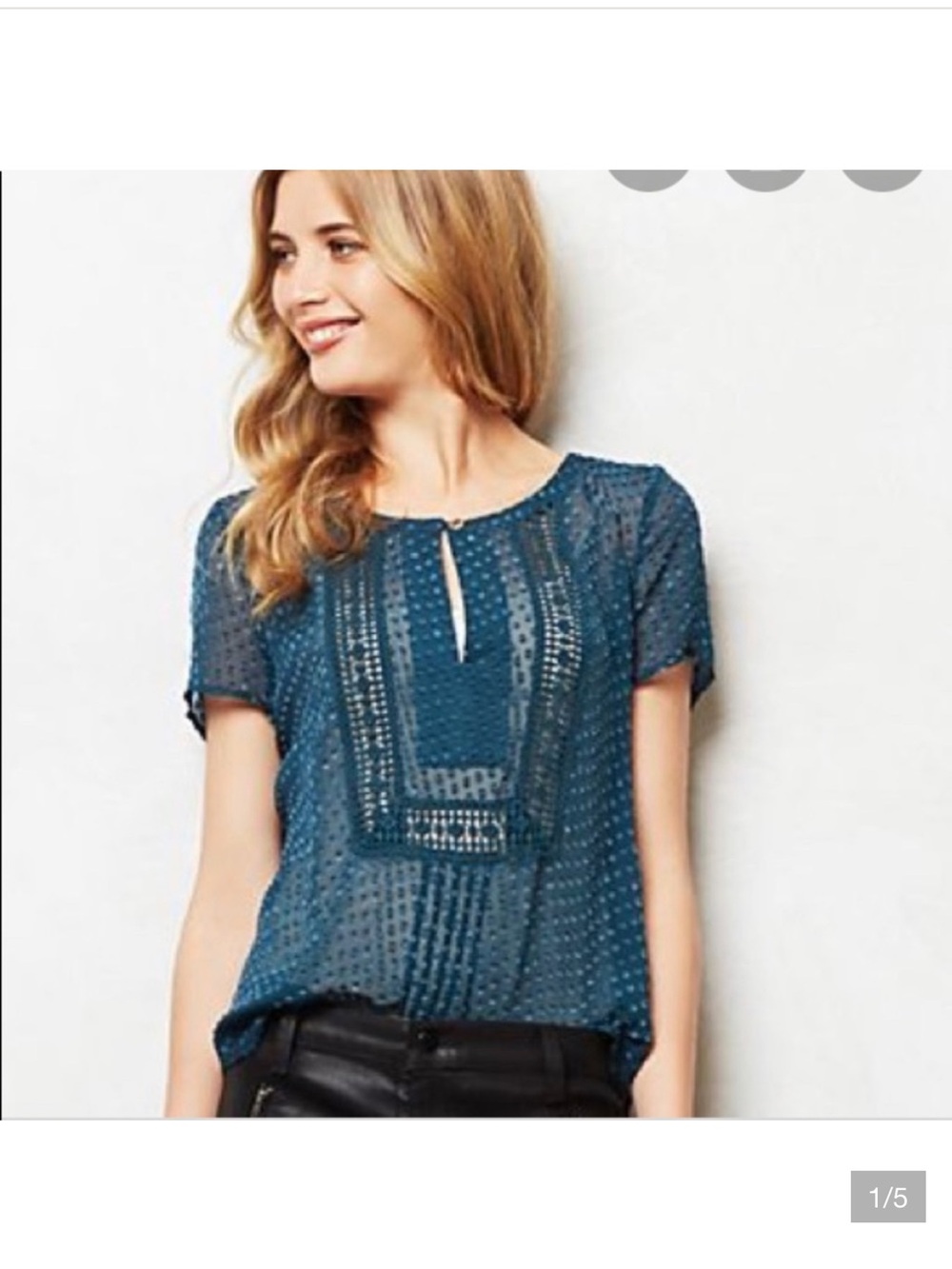 Anthropologie Meadow Rue Teal Swiss Dot Crochet-Trim Blouse